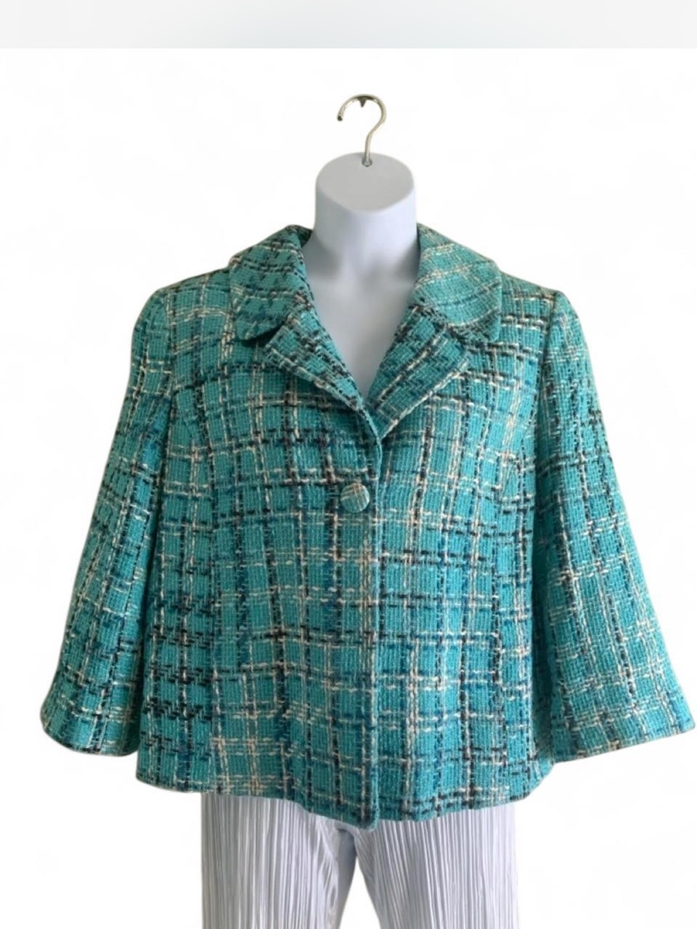 Vintage Old Money Turquoise Plaid Tweed Boxy Jacket size 16
